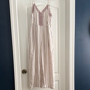 En Creme Pink and White Striped Lace-Trim Jumpsuit